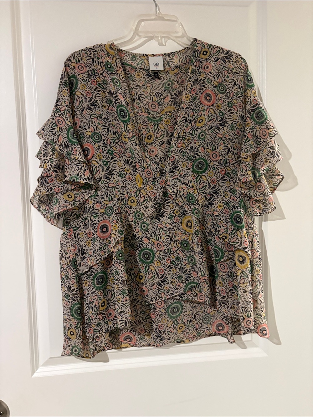 CAbi Floral Tiered Ruffle V-Neck Top in Cream, Pink & Green